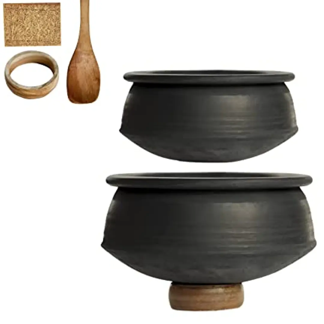 Satvaa Set Of 2 Clay Pots For Cooking (Wooden Spatula, Stand, Natural  Scrub) (Mitti Ke Bartan For Cooking/ Mud Pot/ Biryani Pot) – Net Wanderers
